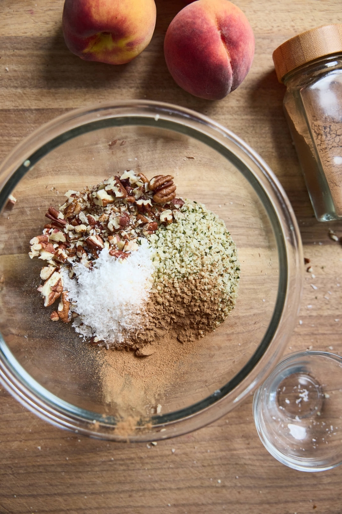 Healthy Peach Parfait with Crunchy Topping 5 pecans, shredded coconut